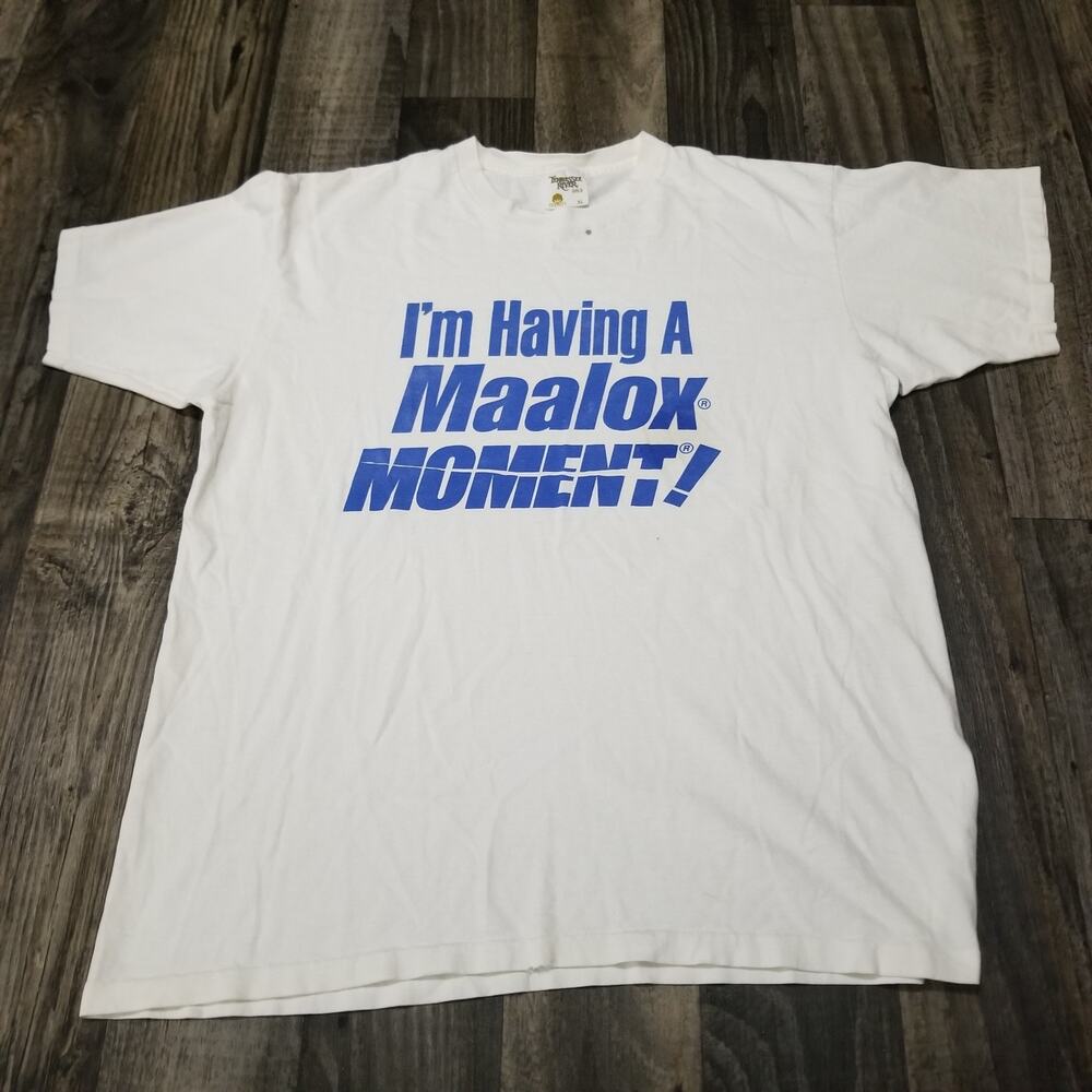 Vintage "I'm Having a Maalox Moment" T-Shirt White/Blue Advertising Heart Burn